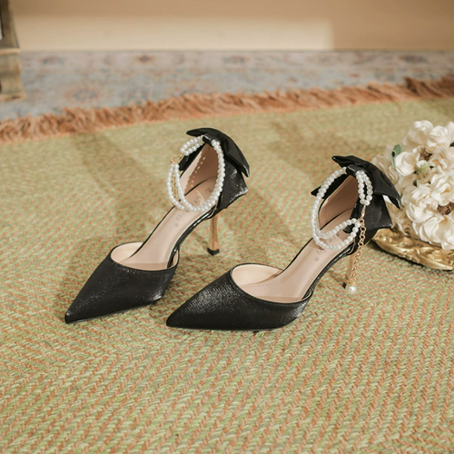 Women's Pearl Ankle Strap Heeled Satin Shoes TS382