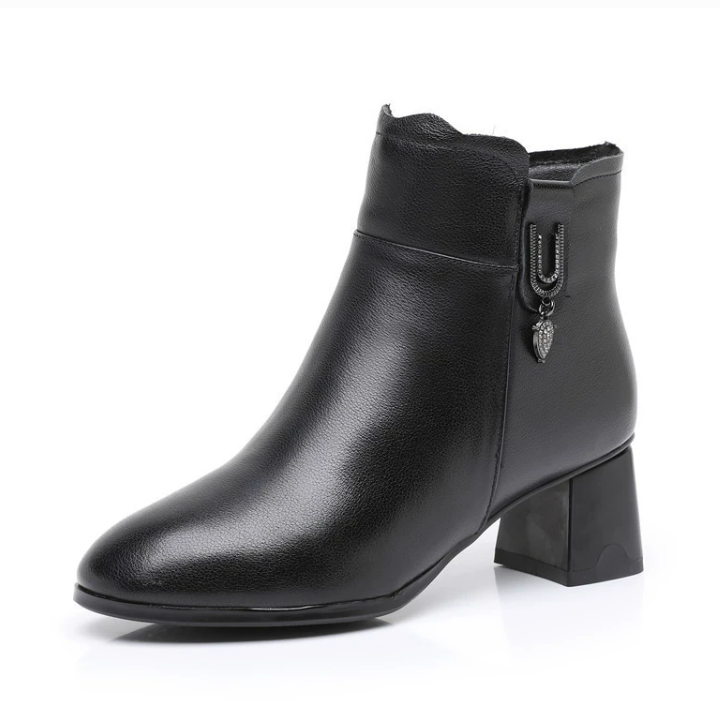 Women's Petite Block Chunky Leather Ankle Boots FS174