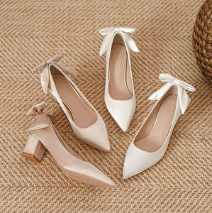 Women's Petite Block Chunky Stain Heels With Bow FS183