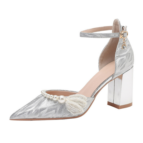 Women's Petite Chunky Heel Silver Glitter Shoes MS261