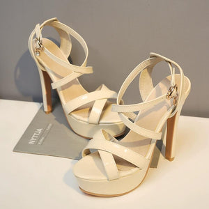 Women's Petite Cross Strap Platform High Heel Patent Shoes MS272