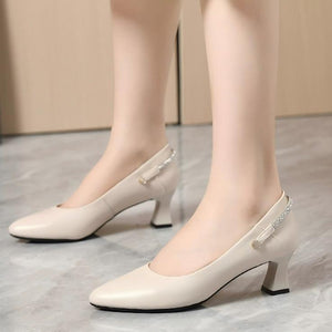 Women's Petite Feet Leather Chunky Heel Shoes TS112