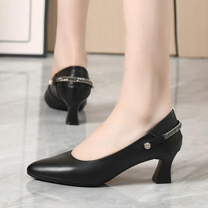 Women's Petite Feet Leather Chunky Heel Shoes TS112