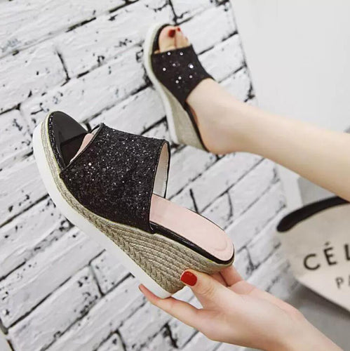 Women's Petite Glitter Upper Wedge Sandals MS87
