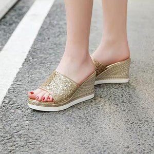 Women's Petite Glitter Upper Wedge Sandals MS87