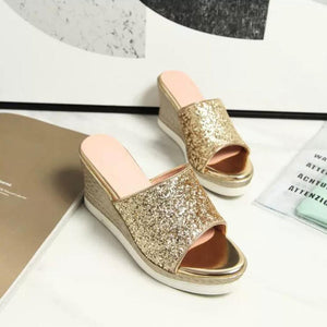 Women's Petite Glitter Upper Wedge Sandals MS87
