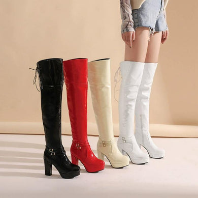 Women's Petite Patent Chunky High Heel Boots FS296