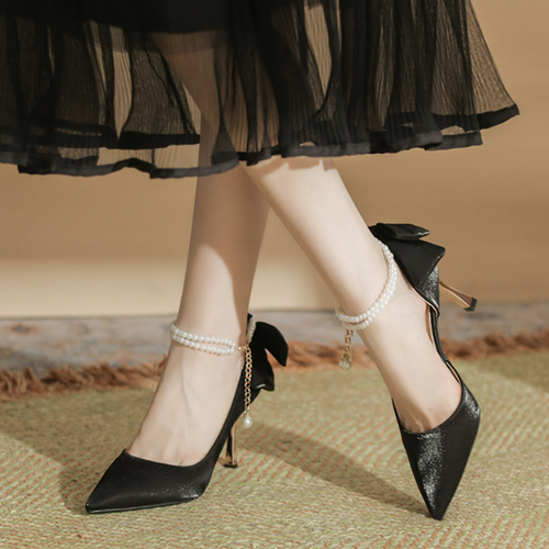 Women's Petite Side Empty Satin Heels With Bow Tie TS403