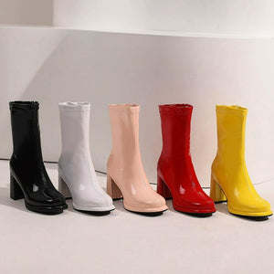 Women's Petite Size Chunky High Heel Patent Boots FS211