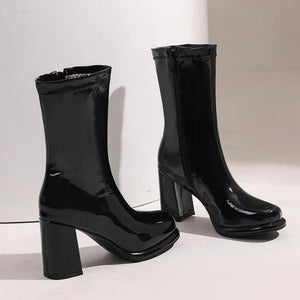 Women's Petite Size Chunky High Heel Patent Boots FS211