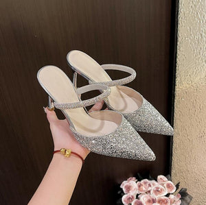Women's Petite Slip On Glitter Upper Heeled Shoes MS567