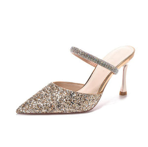 Women's Petite Slip On Glitter Upper Heeled Shoes MS567