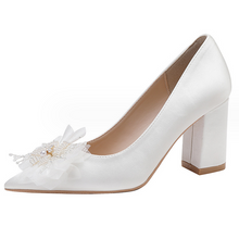 Women's Petite White Satin Chunky Heels With Bow Tie MS87