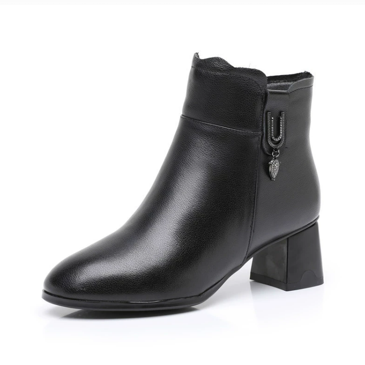 Women's Small Feet Chunky Side Zipper Leather Boots FS68