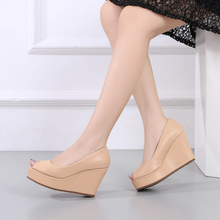 Women's Small Feet Peep Leather Wedge Heel Shoes TS413