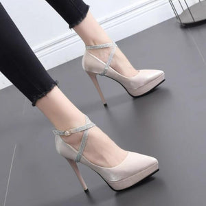 Women's Small Size Cross Strap Satin Platform Heels TS99