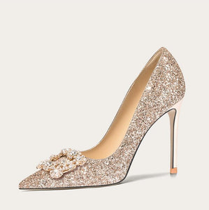 Women's Small Size Glitter Upper Rhinestone Buckle Heels MS354