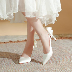 Women's Small Size Satin Heels With Bow Tie TS92