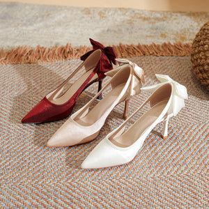 Women's Small Size Satin Heels With Bow Tie TS92