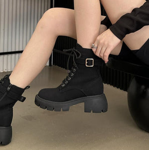 Women's Small Size Thicksole Lace Up Block Short Boots MS315