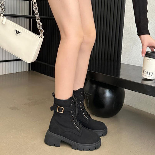 Women's Small Size Thicksole Lace Up Block Short Boots MS315
