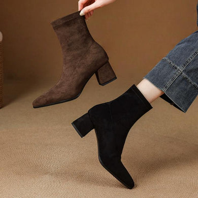 Women's Stretch Suede Block Chunky Short Boots FS300