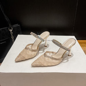 Lace Mesh Rhinestone Strap Heeled Sandals GS303