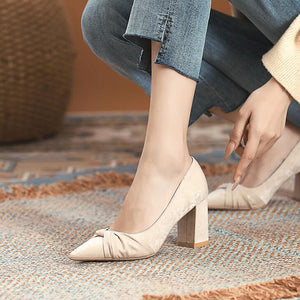 Petite Size Pointy Chunky Heel Suede Pump Shoes ES26