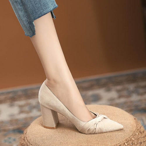 Petite Size Pointy Chunky Heel Suede Pump Shoes ES26