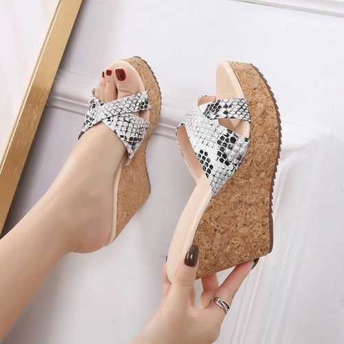 Petite Snake Printed Cross Strap Wedge Sandals DS210