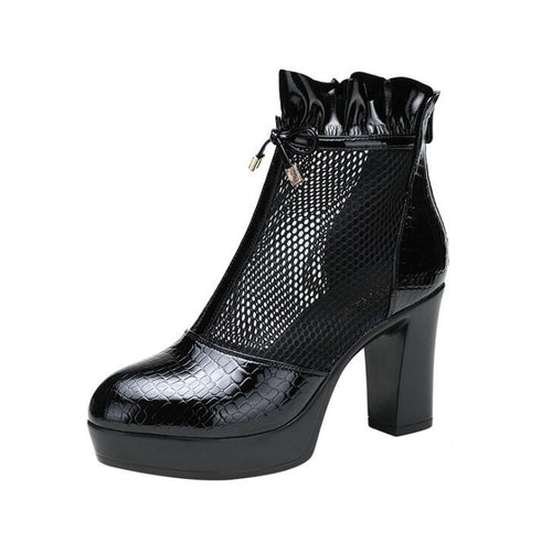 Small Size 2 Chunky Heel Lace Mesh Boots GS382