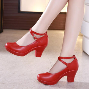 Small Size Block Heel Ankle Strap Pump Shoes Leliy