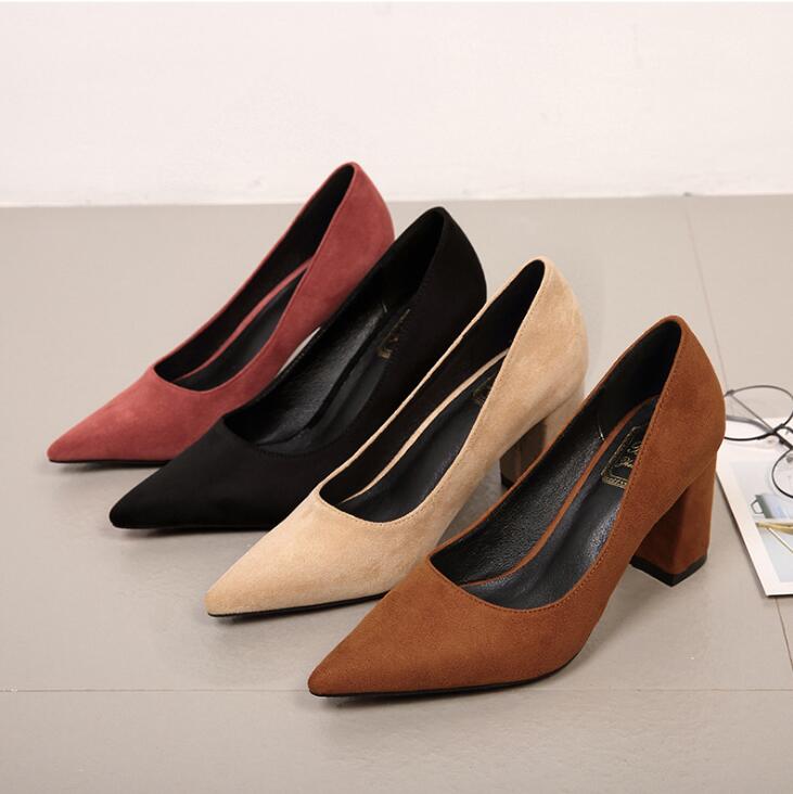 Small Size Pointy Toe Chunky Suede Heels ES24