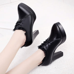 Petite Size Chunky Heel Platform Lace Pumps Booties AS163