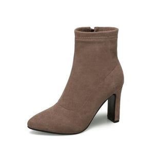 Petite Pointy Chunky Heel Side Zipper Suede Boots AS212