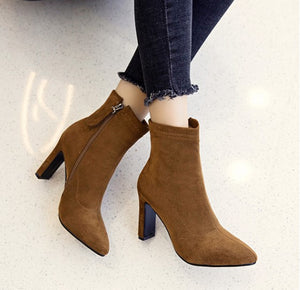 Petite Pointy Chunky Heel Side Zipper Suede Boots AS212