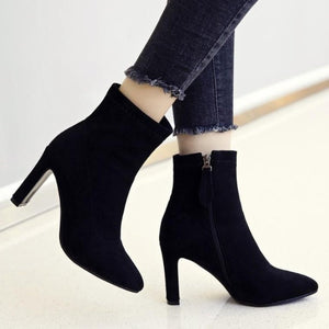 Petite Pointy Chunky Heel Side Zipper Suede Boots AS212