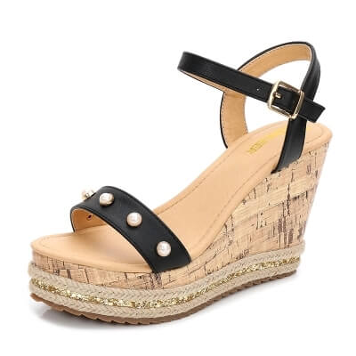 Women's Small Size 4 White Open Toe Strappy High Wedge Platform Heel Wood Decoration Buckle Sandals