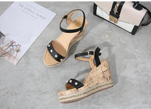 Women's Small Size Black Open Toe Strappy High Wedge Platform Heel Wood Decoration Buckle Sandals