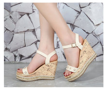 Women's Small Size White Open Toe Strappy High Wedge Platform Heel Wood Decoration Buckle Sandals